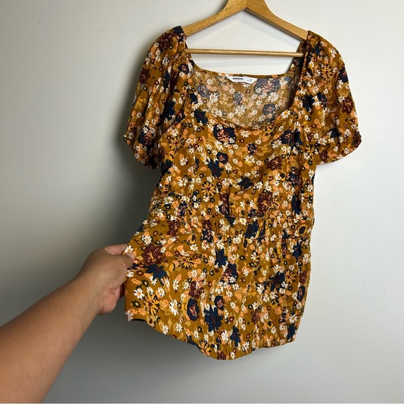 Sonoma Floral Blouse Top Brown Gold Puff Sleeve Size 0X Summer Natural Lightweig - Picture 3 of 10